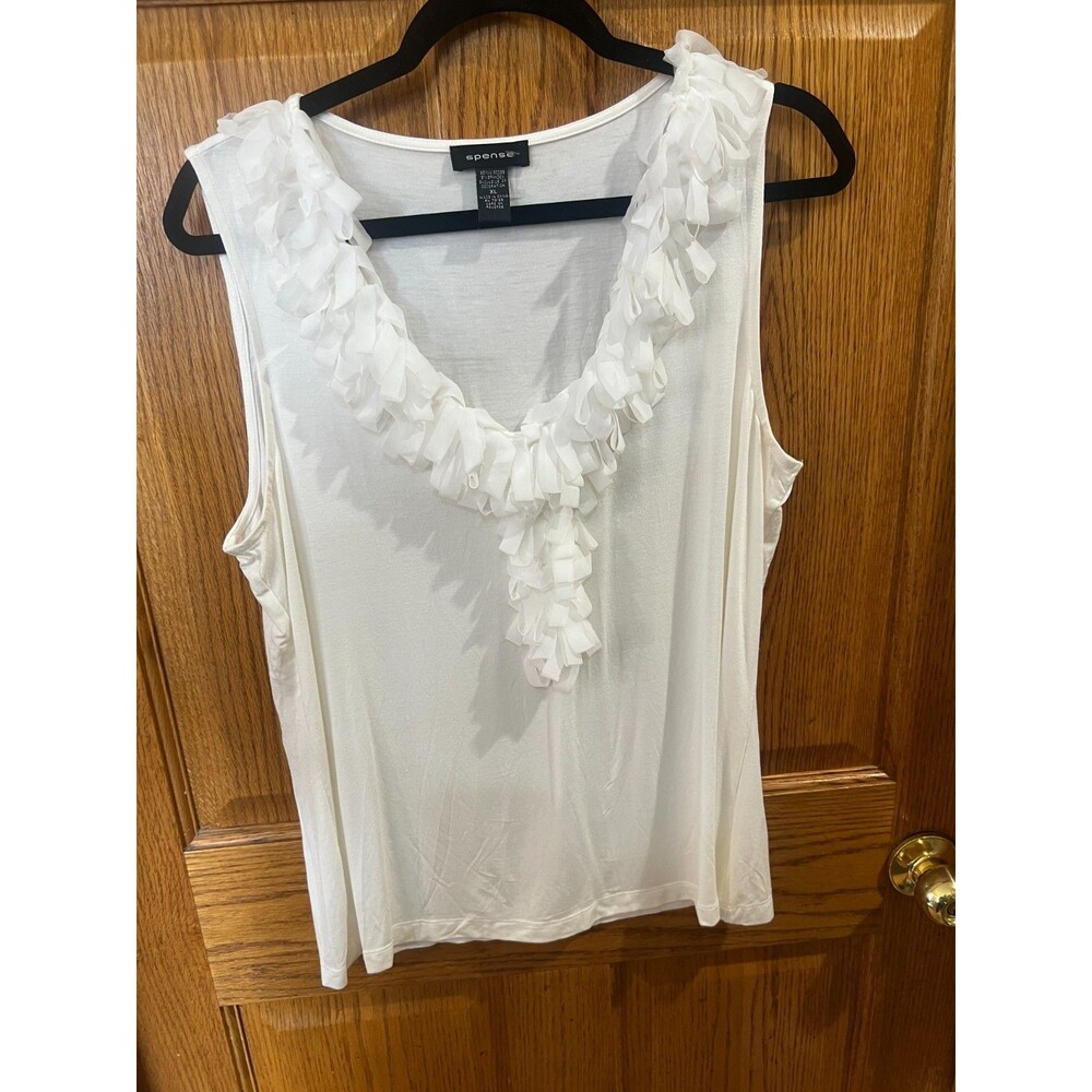 Spense Dressy Corporate Lightweight White Ruffle Loops Pleated Sleeveless Top XL